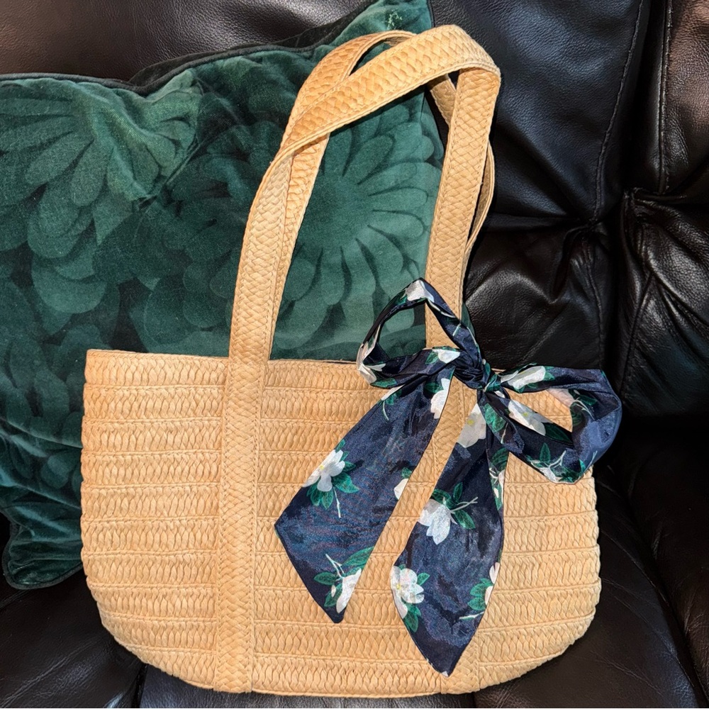 Woven shoulder tote bag with ribbon scarf. NWOT